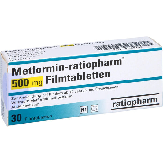 Das Produktfoto zeigt Metformin-Ratiopharm 500 Mg Filmtabletten (30 stk) PZN 00189730
