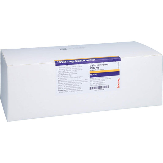 Das Produktfoto zeigt Cefuroxim Hikma 1500 Mg P.Z.H.Inj.-/Inf.-L. (10 stk) PZN 00198574