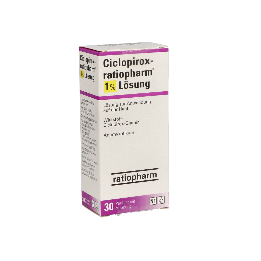 Das Produktfoto zeigt Ciclopirox-Ratiopharm 1% Lösung (30 ml) PZN 00201804