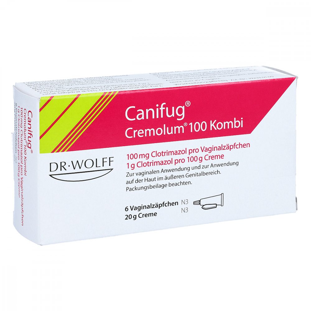 Das Produktfoto zeigt Canifug Cremolum 100 6 V.Supp.+20gcr. Kombipackung (1 stk) PZN 00202749