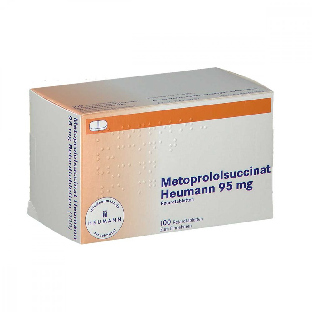 Das Produktfoto zeigt Metoprololsuccinat Heumann 95mg Retardtabletten (100 stk) PZN 00223846