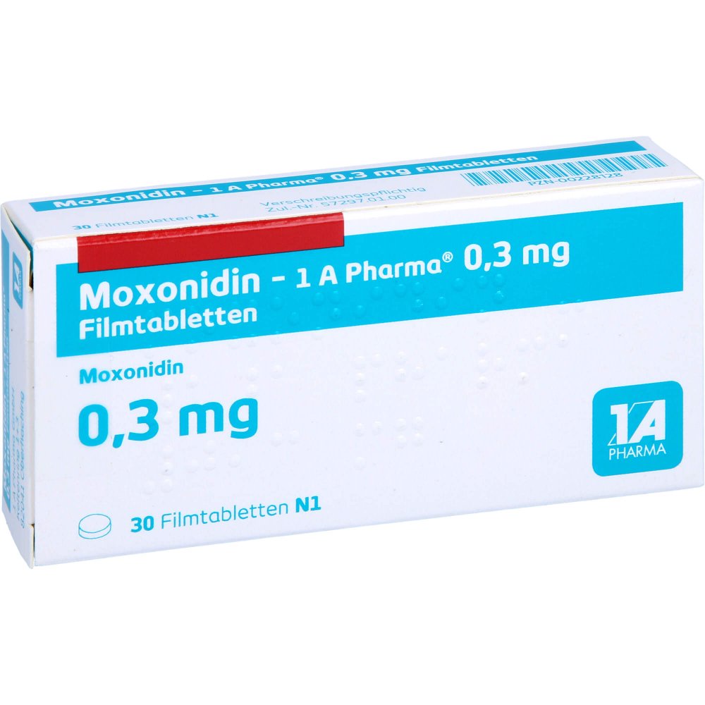 Das Produktfoto zeigt Moxonidin-1a Pharma 0,3 Mg Filmtabletten (30 stk) PZN 00228128