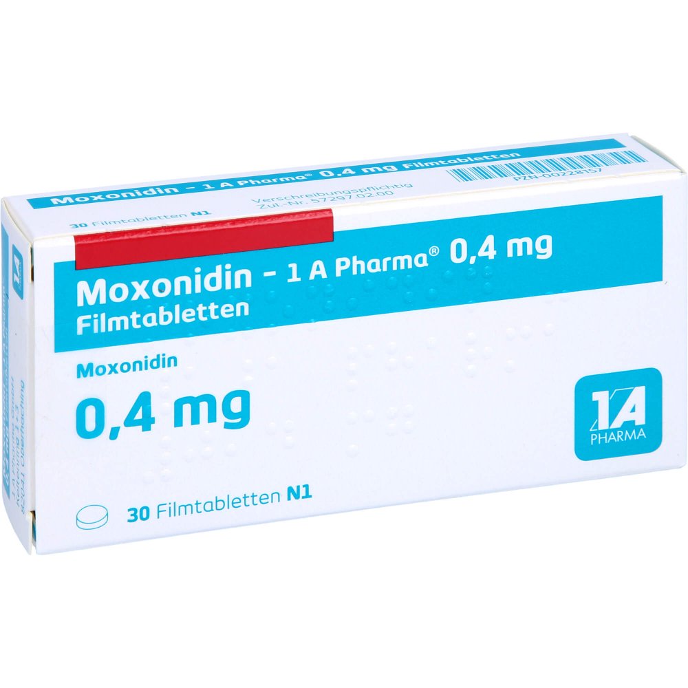 Das Produktfoto zeigt Moxonidin-1a Pharma 0,4 Mg Filmtabletten (30 stk) PZN 00228157