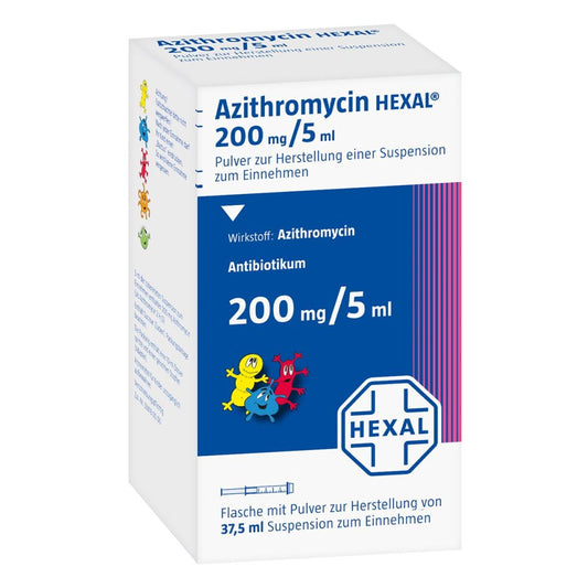 Das Produktfoto zeigt Azithromycin Hexal 200mg/5ml Plv.Z.Susp.-Herst. (30 ml) PZN 00230007