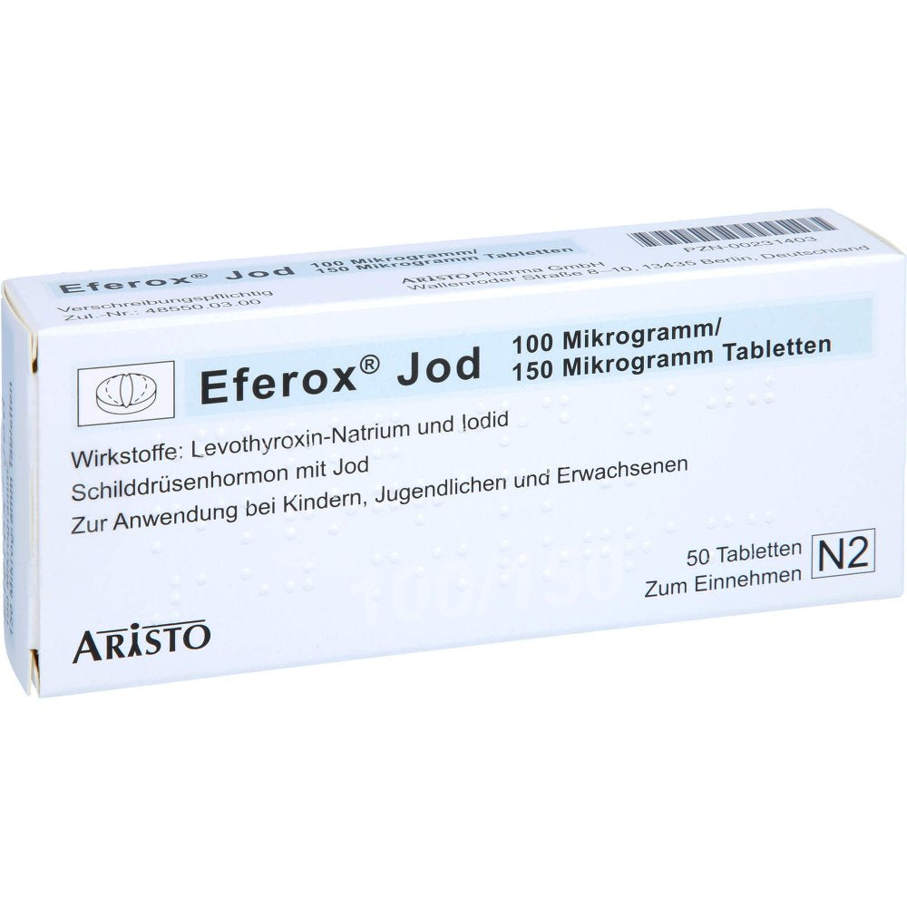 Das Produktfoto zeigt Eferox Jod 100 Μg/150 Μg Tabletten (50 stk) PZN 00231403