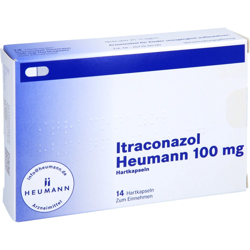 Das Produktfoto zeigt Itraconazol Heumann 100 Mg Hartkapseln (14 stk) PZN 00236323