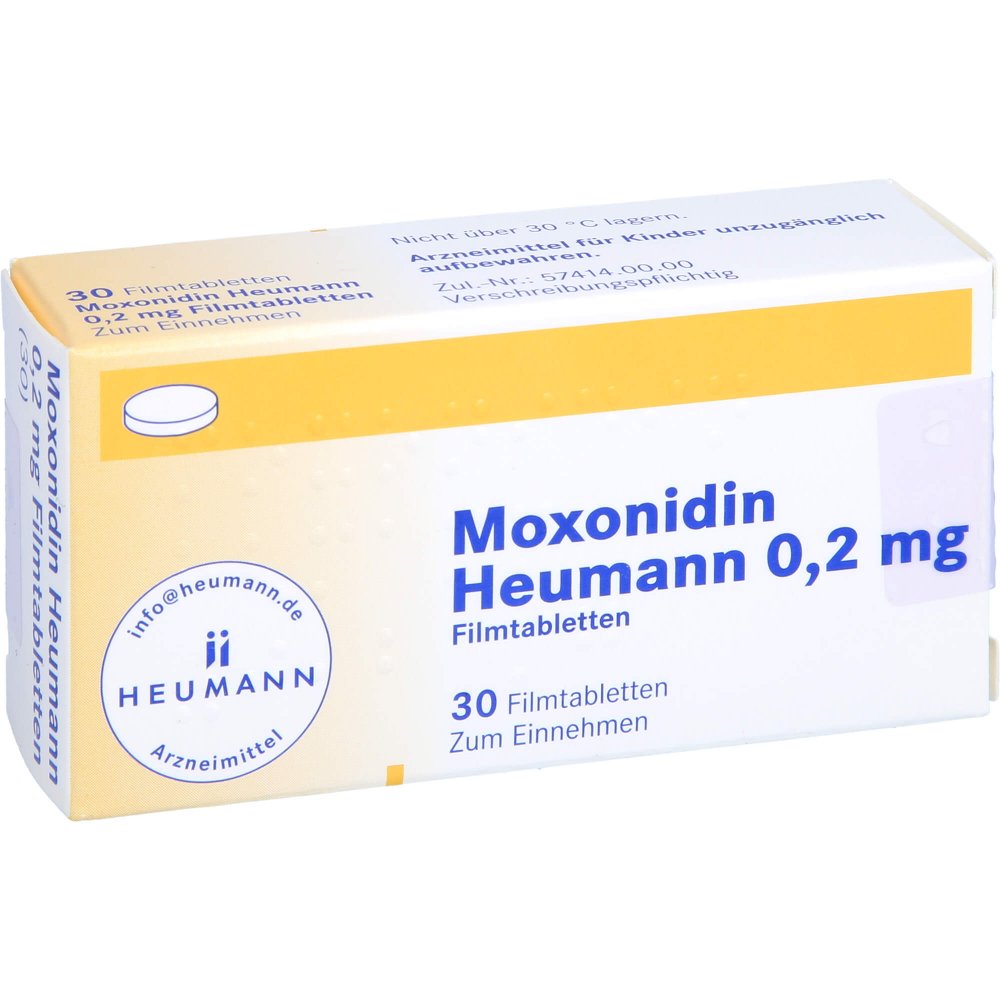 Das Produktfoto zeigt Moxonidin Heumann 0,2 Mg Filmtabletten (30 stk) PZN 00237222