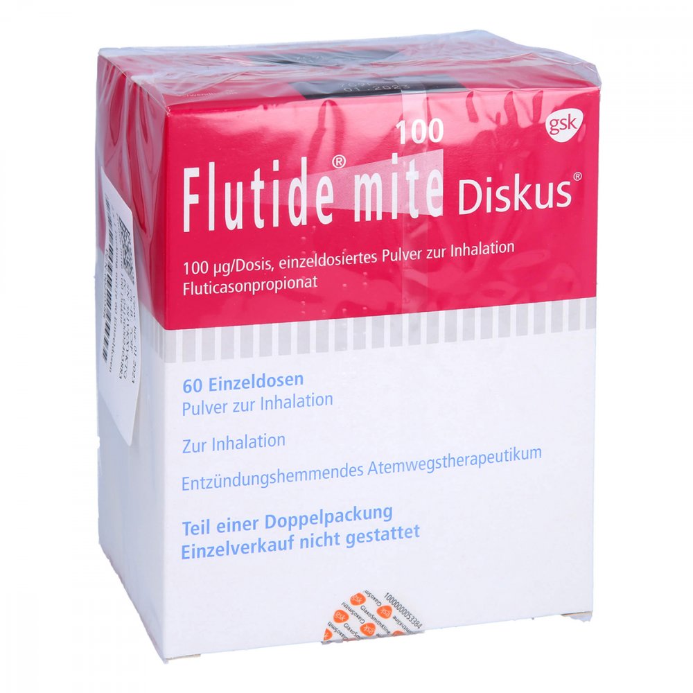 Das Produktfoto zeigt Flutide Mite 100 Diskus Einzeldos.Plv.Z.Inhalat. (2X60 stk) PZN 00240388