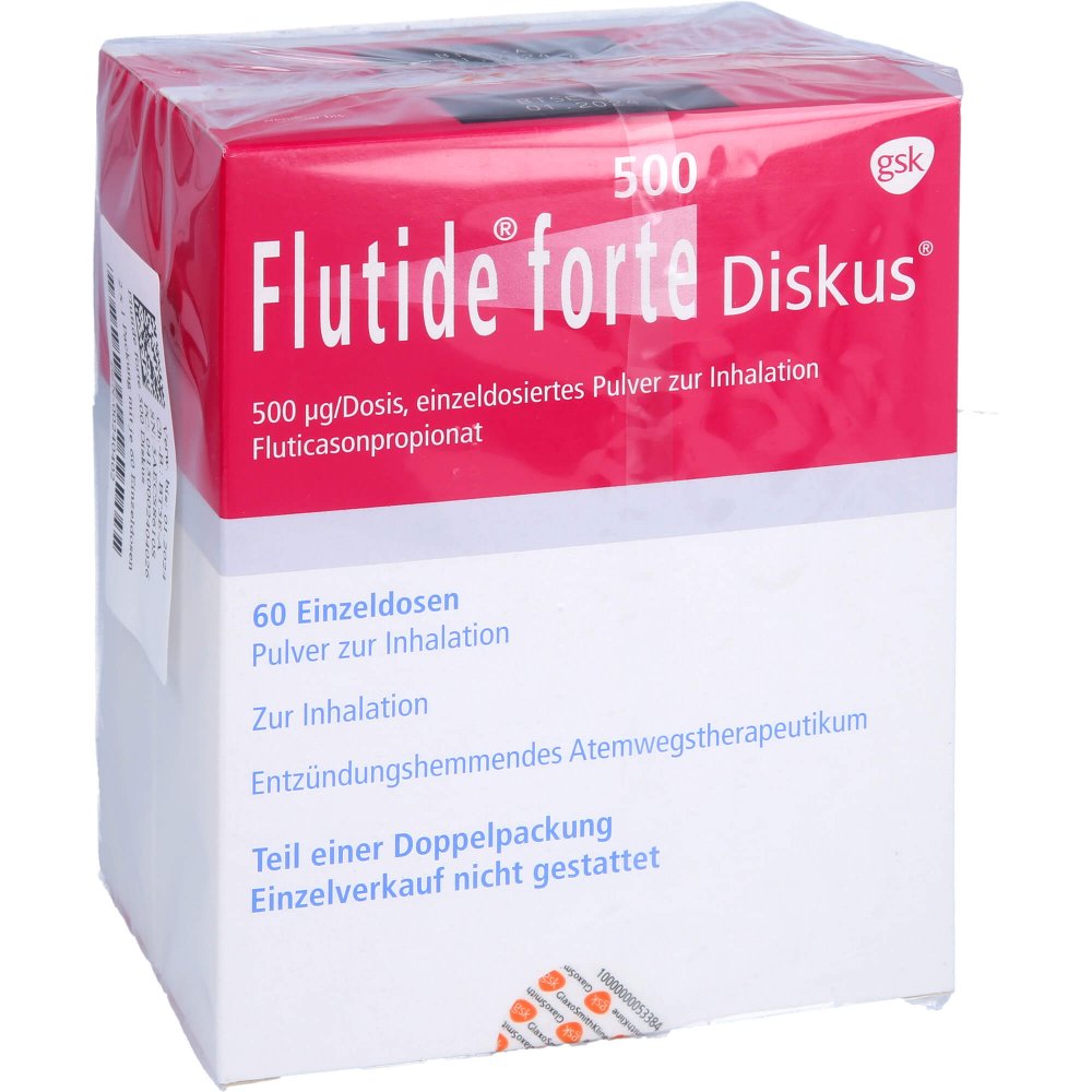 Das Produktfoto zeigt Flutide Forte 500 Diskus Einzeldos.Plv.Z.Inhalat. (2X60 stk) PZN 00240402