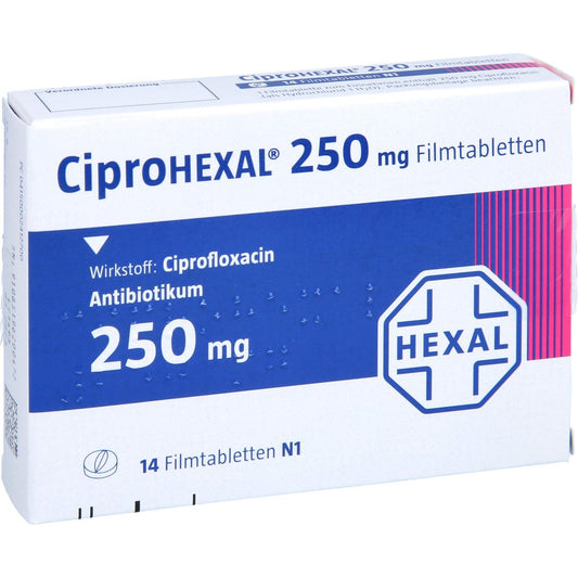 Das Produktfoto zeigt Ciprohexal 250 Mg Filmtabletten (14 stk) PZN 00241270