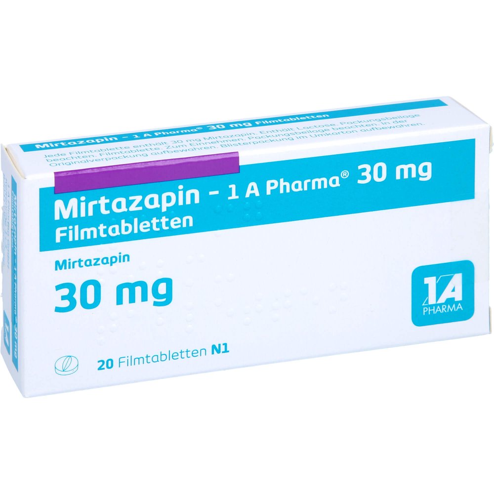 Das Produktfoto zeigt Mirtazapin-1a Pharma 30 Mg Filmtabletten (20 stk) PZN 00250665