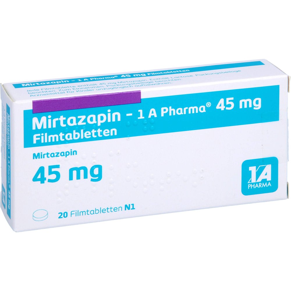 Das Produktfoto zeigt Mirtazapin-1a Pharma 45 Mg Filmtabletten (20 stk) PZN 00250694
