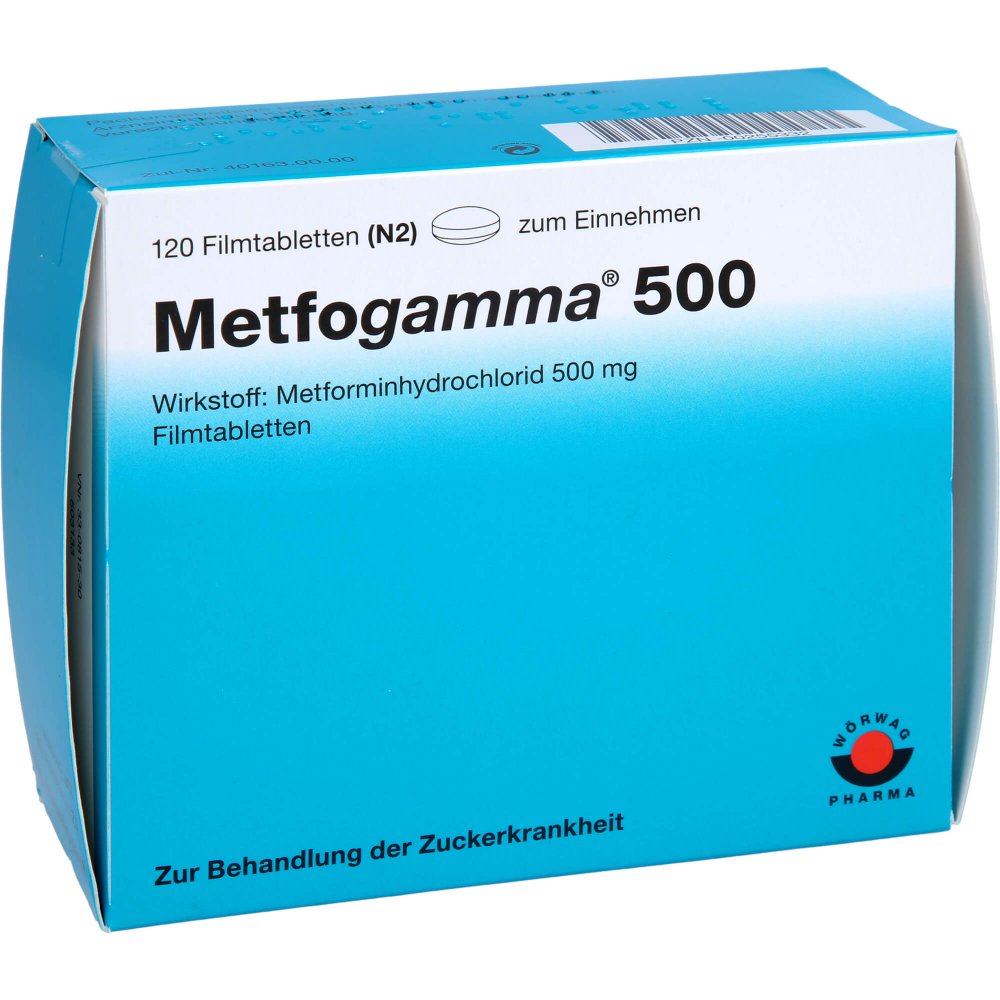 Das Produktfoto zeigt Metfogamma 500 Mg Filmtabletten (120 stk) PZN 00255332