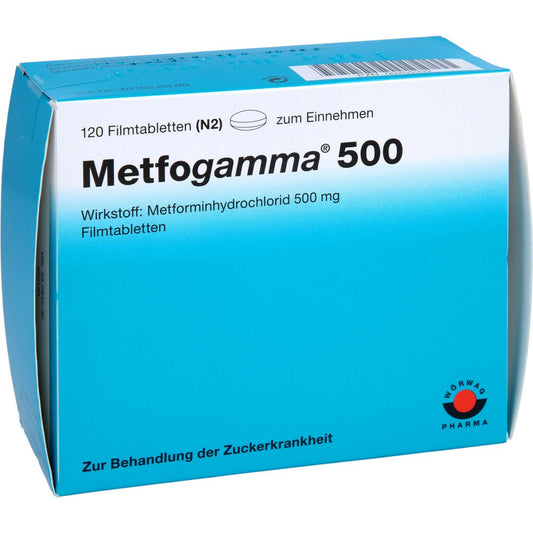 Das Produktfoto zeigt Metfogamma 500 Mg Filmtabletten (120 stk) PZN 00255332