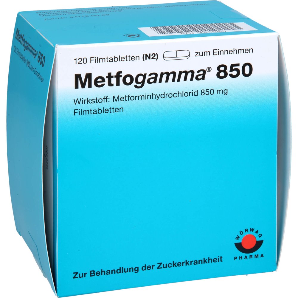 Das Produktfoto zeigt Metfogamma 850 Mg Filmtabletten (120 stk) PZN 00255355