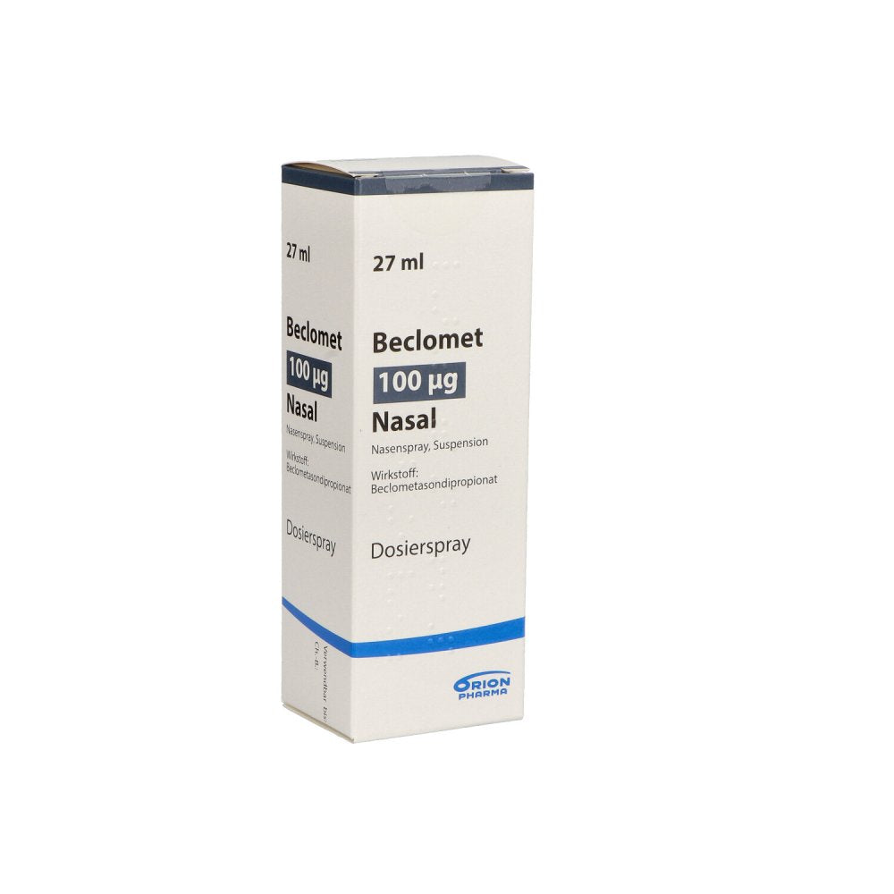 Das Produktfoto zeigt Beclomet 100 Μg Nasal 250 Hub Nasenspray (27 ml) PZN 00264897