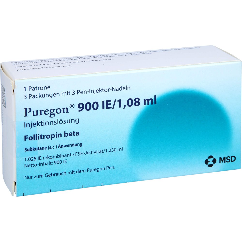 Das Produktfoto zeigt Puregon 900 I.E./1,08 Ml Injekt.-Lsg.I.Pat.+9 Nad. (1 stk) PZN 00270082