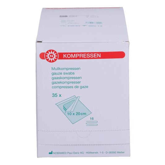 Das Produktfoto zeigt Mullkompressen 10x20 Cm Steril 16fach (35X2 stk) PZN 00273637