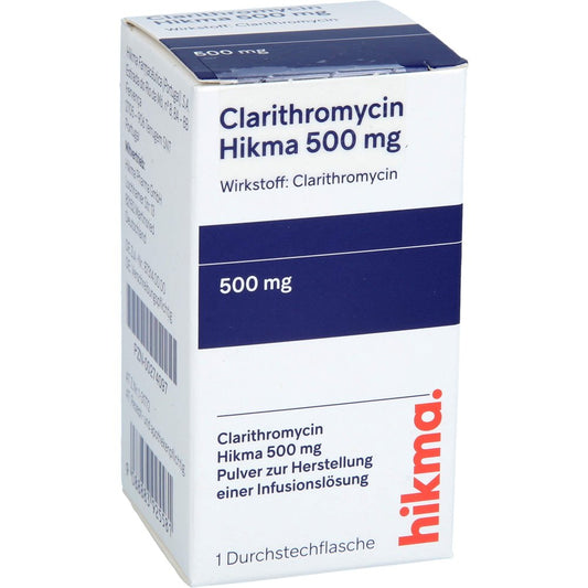 Das Produktfoto zeigt Clarithromycin Hikma 500 Mg Plv.Z.H.E.Infus.-Lsg. (1 stk) PZN 00274097