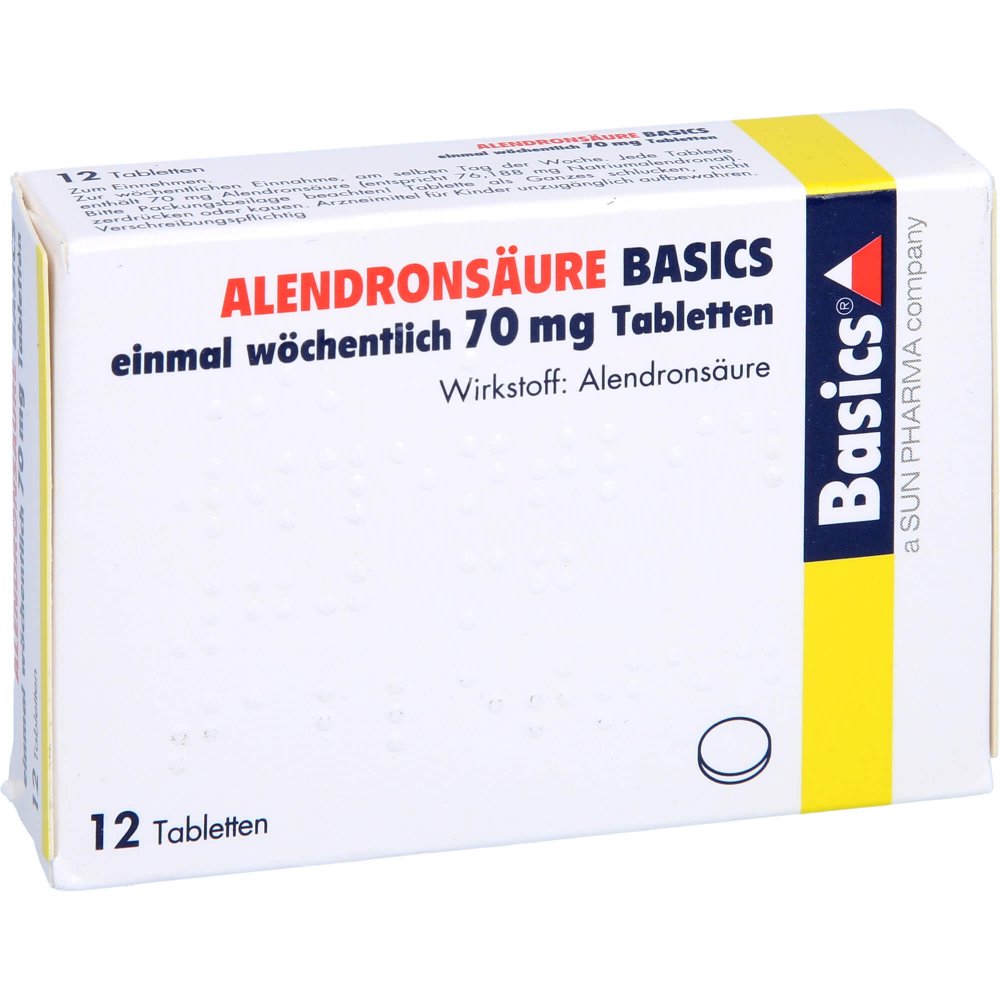 Das Produktfoto zeigt Alendronsäure Basics 70 Mg Tabl.1x Wöchentl. (12 stk) PZN 00276570