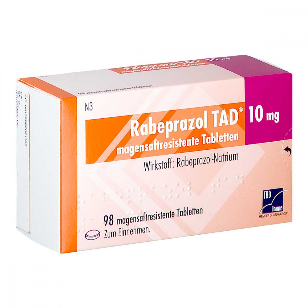 Das Produktfoto zeigt Rabeprazol Tad 10 Mg Magensaftresistente Tabletten (98 stk) PZN 00282116
