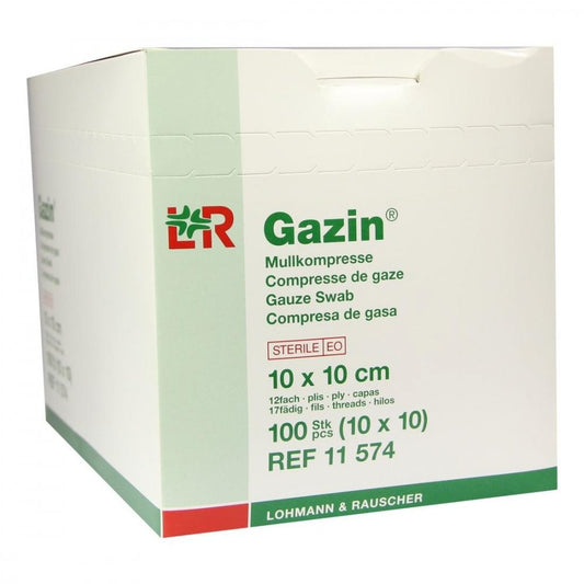 Das Produktfoto zeigt Gazin Mullkomp.10x10 Cm Steril 12fach (10X10 stk) PZN 00287160