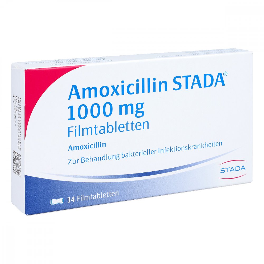 Das Produktfoto zeigt Amoxicillin Stada 1000 Mg Filmtabletten (14 stk) PZN 00291084
