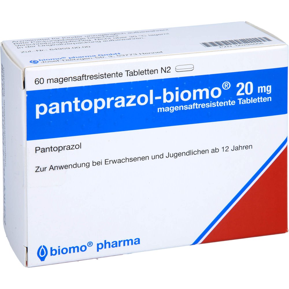Das Produktfoto zeigt Pantoprazol-Biomo 20 Mg Magensaftres.Tabletten (60 stk) PZN 00294668
