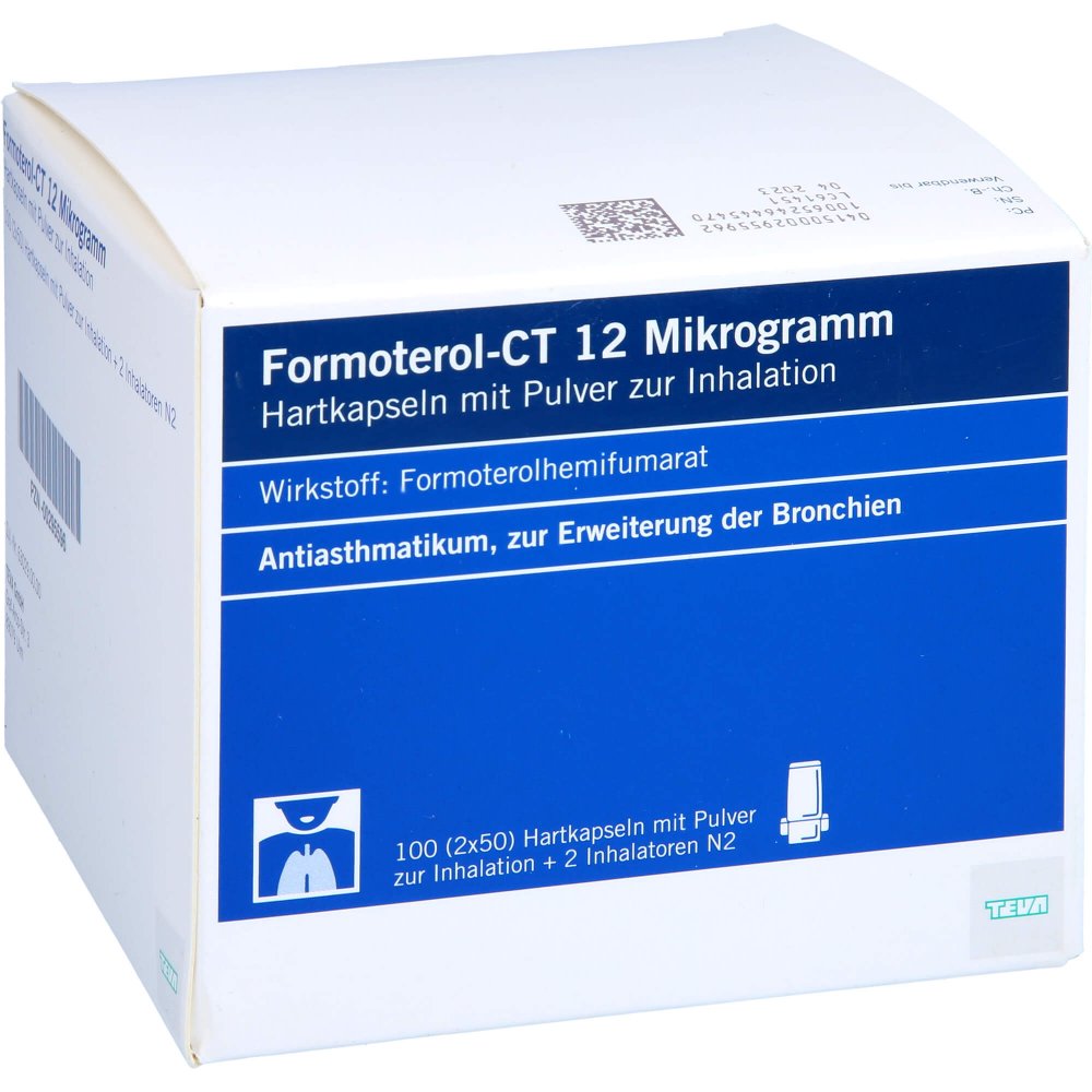 Das Produktfoto zeigt Formoterol-Ct 12 Mikrogramm Hartkps.M.Plv.Z.Inhal. (2X50 stk) PZN 00295596