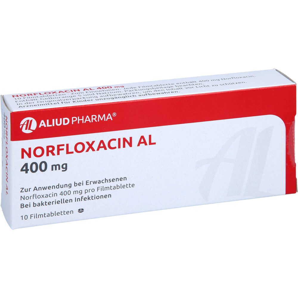 Das Produktfoto zeigt Norfloxacin Al 400 Mg Filmtabletten (10 stk) PZN 00295662