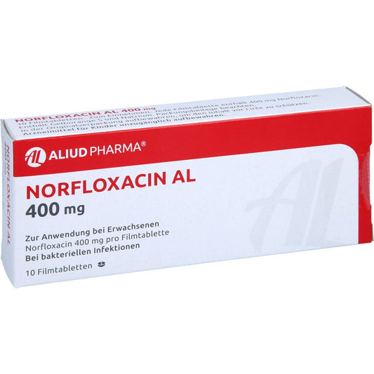 Das Produktfoto zeigt Norfloxacin Al 400 Mg Filmtabletten (10 stk) PZN 00295662