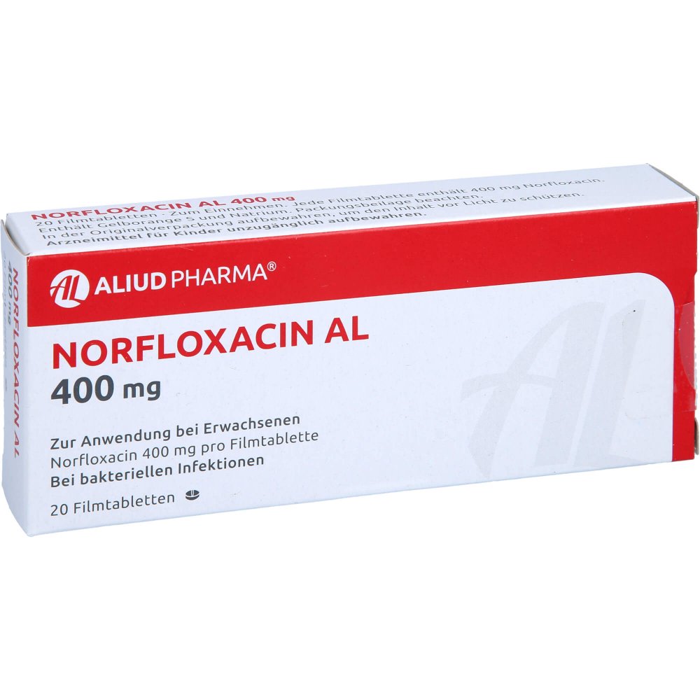 Das Produktfoto zeigt Norfloxacin Al 400 Mg Filmtabletten (20 stk) PZN 00295679