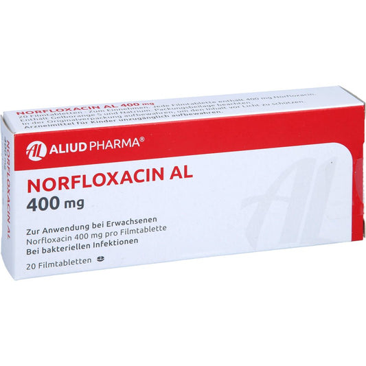 Das Produktfoto zeigt Norfloxacin Al 400 Mg Filmtabletten (20 stk) PZN 00295679