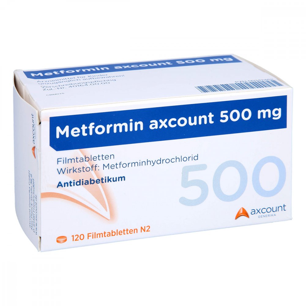 Das Produktfoto zeigt Metformin Axcount 500 Mg Filmtabletten (120 stk) PZN 00342462