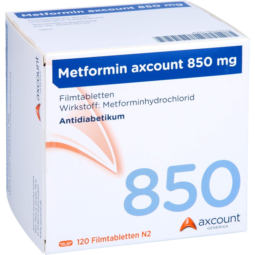 Das Produktfoto zeigt Metformin Axcount 850 Mg Filmtabletten (120 stk) PZN 00343243