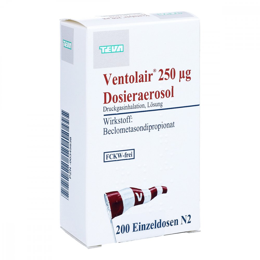 Das Produktfoto zeigt Ventolair 250 Μg 200 Hub Dosieraerosol (1 stk) PZN 00345638