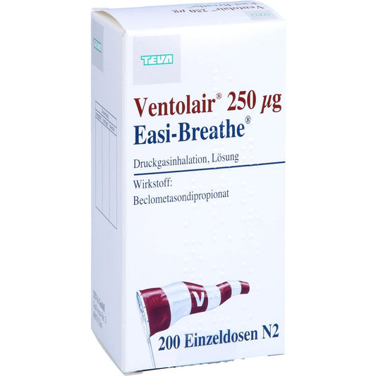 Das Produktfoto zeigt Ventolair 250 Μg 200 Hub Easi Breathe Dos.-Aerosol (1 stk) PZN 00353626