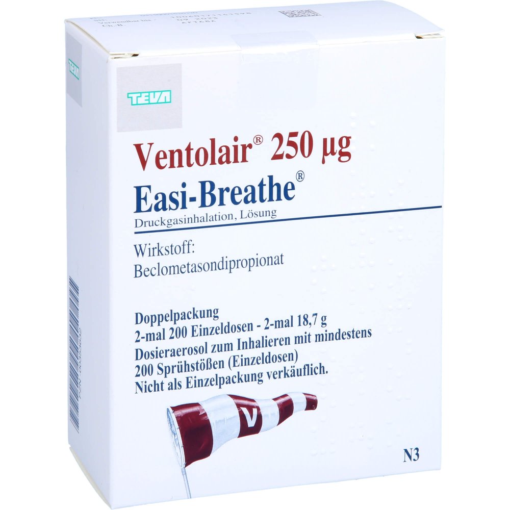 Das Produktfoto zeigt Ventolair 250 Μg 200 Hub Easi Breathe Dos.-Aerosol (2 stk) PZN 00353632