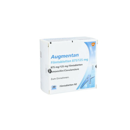 Das Produktfoto zeigt Augmentan 875/125 Mg Filmtabletten (20 stk) PZN 00356599