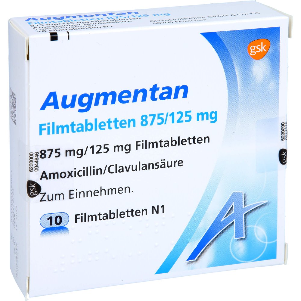 Das Produktfoto zeigt Augmentan 875/125 Mg Filmtabletten (10 stk) PZN 00356607