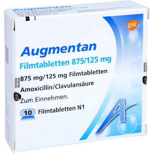 Das Produktfoto zeigt Augmentan 875/125 Mg Filmtabletten (10 stk) PZN 00356607