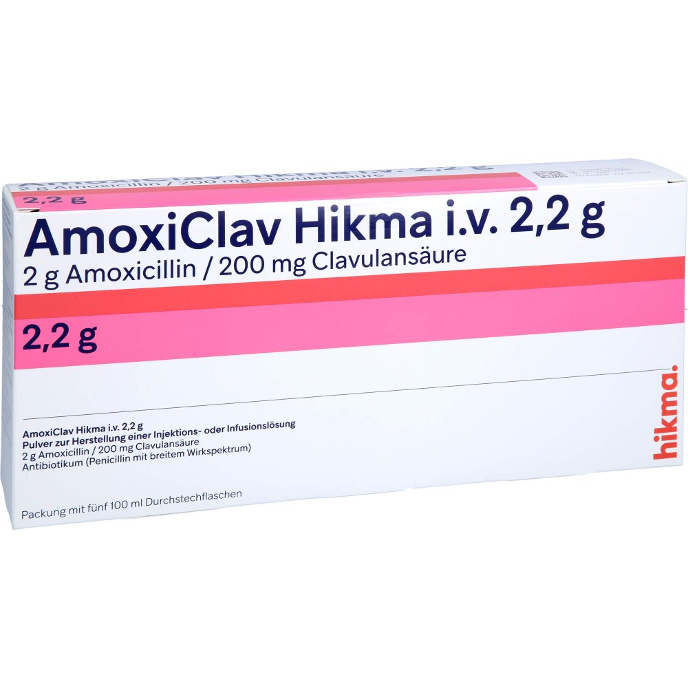 Das Produktfoto zeigt Amoxiclav Hikma I.V. 2,2 G Plv.Z.H.E.Inj.-/Inf.-L. (5 stk) PZN 00361442