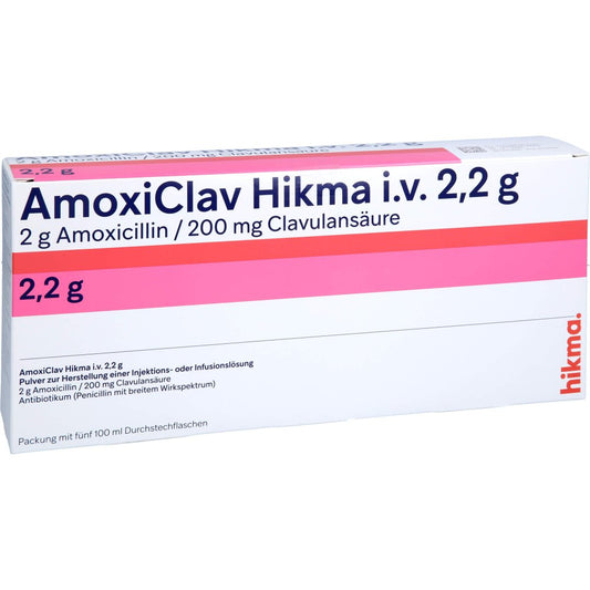 Das Produktfoto zeigt Amoxiclav Hikma I.V. 2,2 G Plv.Z.H.E.Inj.-/Inf.-L. (5 stk) PZN 00361442