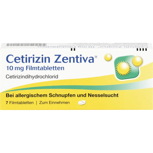 Das Produktfoto zeigt Cetirizin Zentiva 10 Mg Filmtabletten (7 stk) PZN 00364765