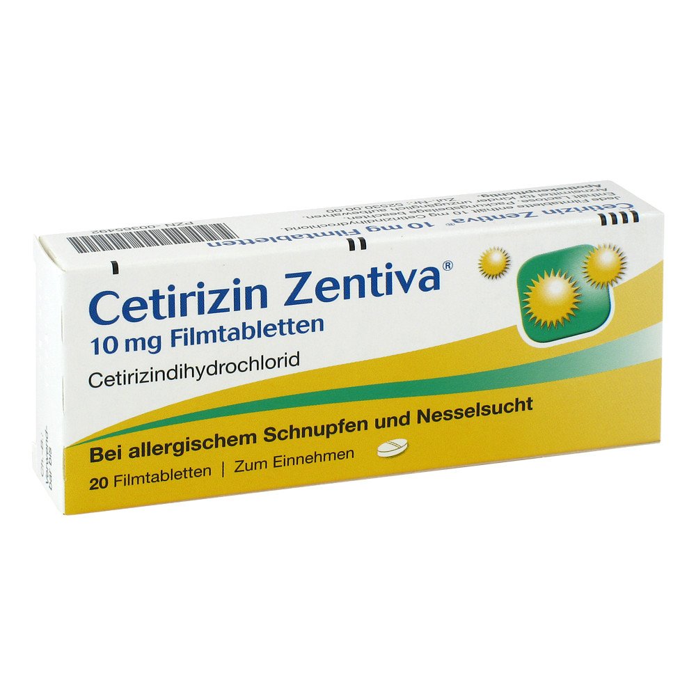 Das Produktfoto zeigt Cetirizin Zentiva 10 Mg Filmtabletten (20 stk) PZN 00365492