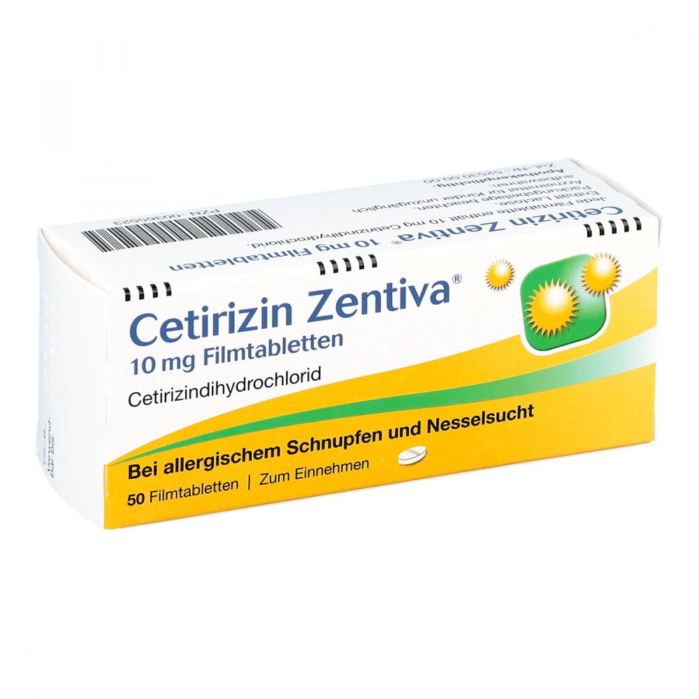 Das Produktfoto zeigt Cetirizin Zentiva 10 Mg Filmtabletten (50 stk) PZN 00365523