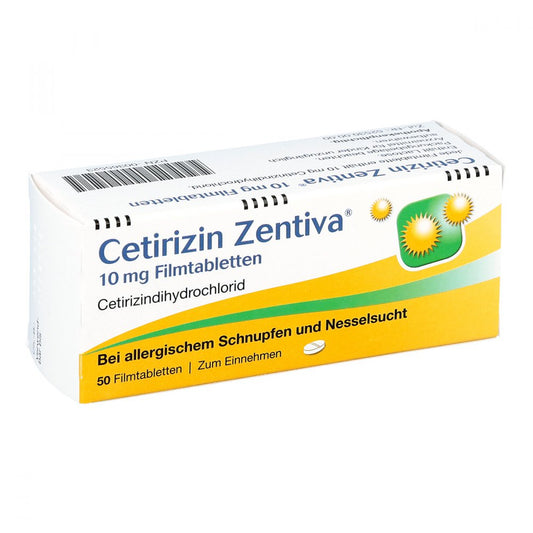 Das Produktfoto zeigt Cetirizin Zentiva 10 Mg Filmtabletten (50 stk) PZN 00365523