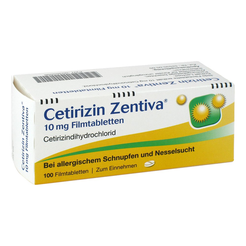 Das Produktfoto zeigt Cetirizin Zentiva 10 Mg Filmtabletten (100 stk) PZN 00365606