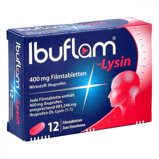 Das Produktfoto zeigt Ibuflam-Lysin 400 Mg Filmtabletten (12 stk) PZN 00365635