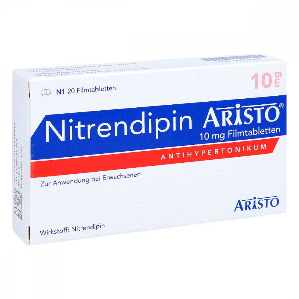 Das Produktfoto zeigt Nitrendipin Aristo 10 Mg Filmtabletten (20 stk) PZN 00366936